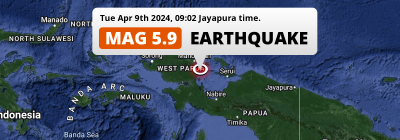 On Tuesday Morning an Unusually powerful M5.9 Earthquake struck in the South Pacific Ocean 101km from Manokwari (Indonesia).