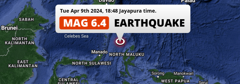 On Tuesday Evening a Strong M6.4 Earthquake struck in the Maluku Sea 284km from Manado (Indonesia).