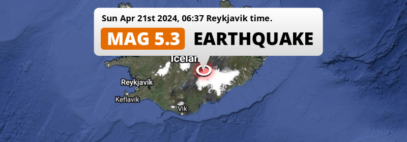 Shallow M5.3 Earthquake struck on Sunday Morning 212km from Reykjavík in Iceland.