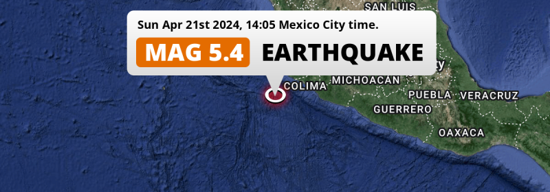 Shallow M5.4 Earthquake hit in the North Pacific Ocean 167km from Manzanillo (Mexico) on Sunday Afternoon.