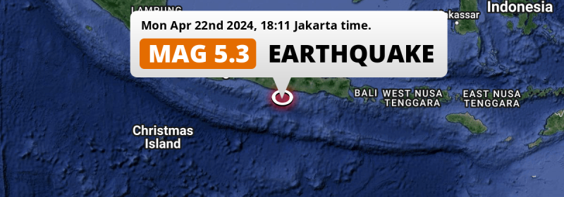 Significant M5.3 Earthquake hit in the Indian Ocean 158km from Yogyakarta (Indonesia) on Monday Evening.