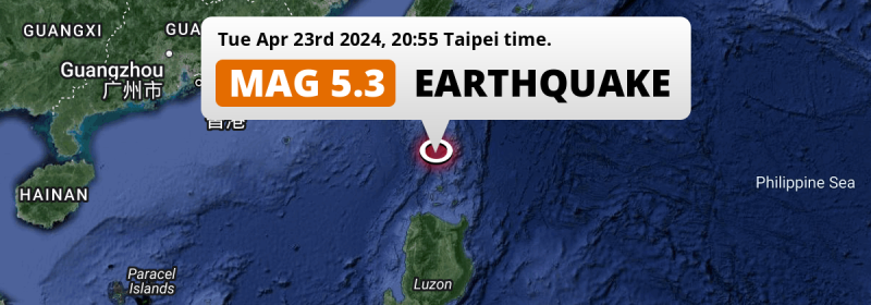 Shallow M5.3 Earthquake hit in the South China Sea 227km from Laoag (The Philippines) on Tuesday Evening.