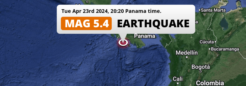 Shallow M5.4 Earthquake hit in the North Pacific Ocean 100km from David (Panama) on Tuesday Evening.