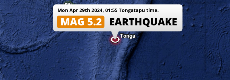 On Monday Night a Significant M5.2 Earthquake struck in the South Pacific Ocean 165km from Nuku‘alofa (Tonga).