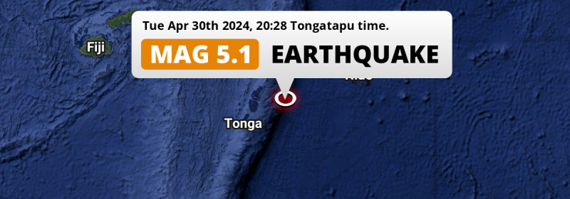 Shallow M5.1 Earthquake hit in the South Pacific Ocean 218km from Nuku‘alofa (Tonga) on Tuesday Evening.