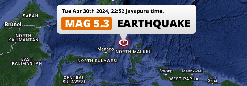 Significant M5.3 Earthquake hit in the Maluku Sea 232km from Manado (Indonesia) on Tuesday Evening.