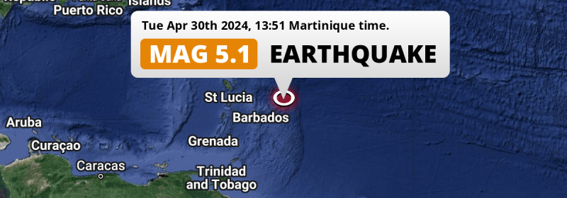 On Tuesday Afternoon a Shallow M5.1 Earthquake struck in the North Atlantic Ocean 152km from Bridgetown (Barbados).