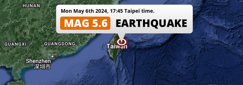 On Monday Afternoon a Shallow M5.6 Earthquake struck in the Philippine Sea near Hualien City (Taiwan).
